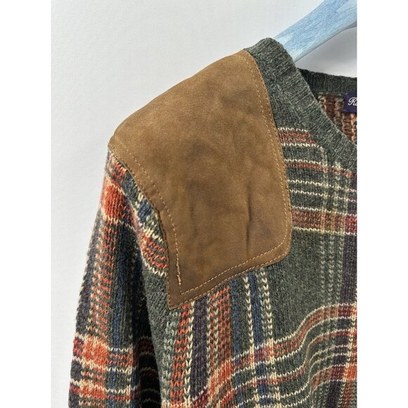 Ralph Lauren Purple Label Wool Tartan Leather Patch Hunting Field Sweater L (F4) - Picture 3 of 13